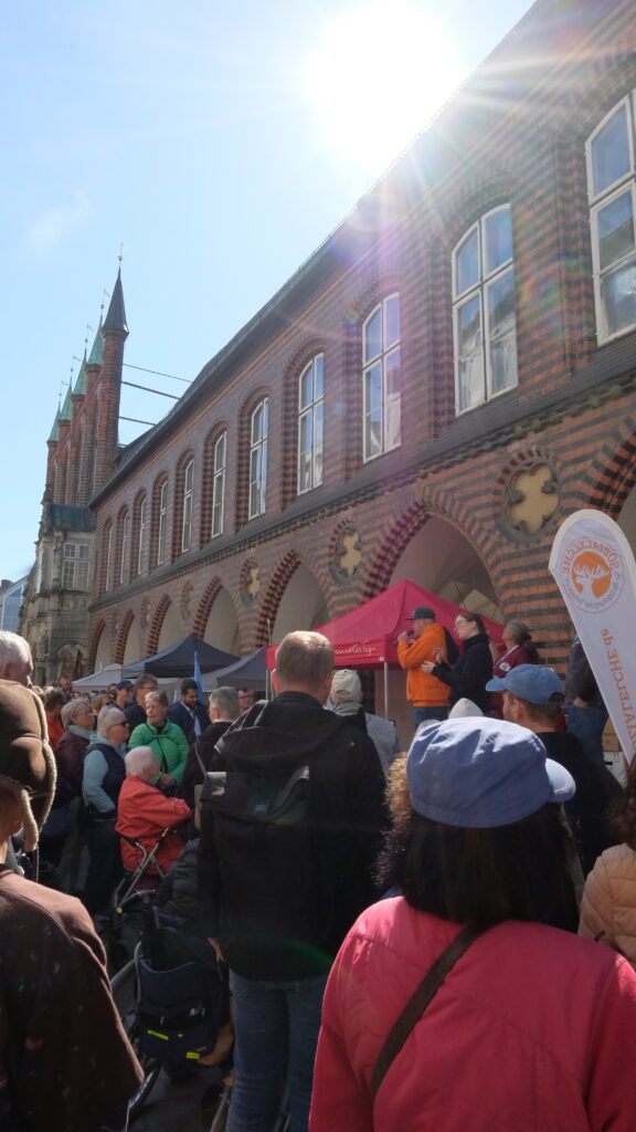 Eine große Menschenmenge steht vor dem Lübecker Rathaus. Auf einer Bühne rechts im Bild steht ein Redner von den Sozialelchen und eine Gebärdendolmetscherin.